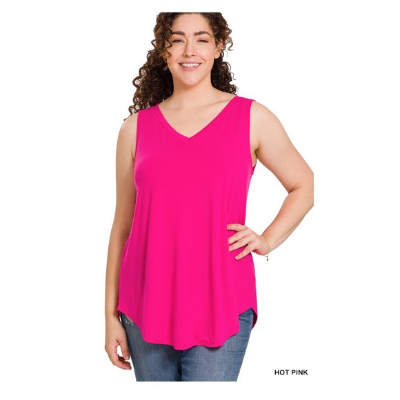 Women's Plus Size Sleeveless Top Relaxed Fit Tank Top - Hot Pink - Picture 1 of 4